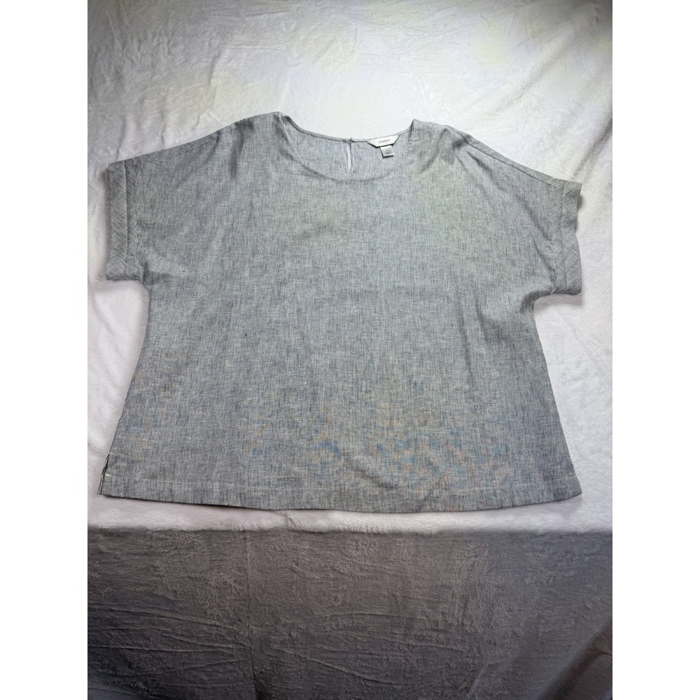 CJ Banks Relaxed Linen Blend Top Black & White Micro-Stripe Size 1XL Casual